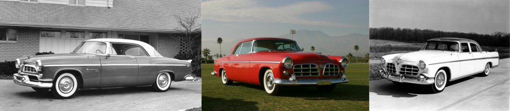 The "all-new" 1955 Chrysler 300 (middle) was created by borrowing the front of a 1955 Chrysler Imperial (right) and the body of a 1955 Chrysler Windsor.