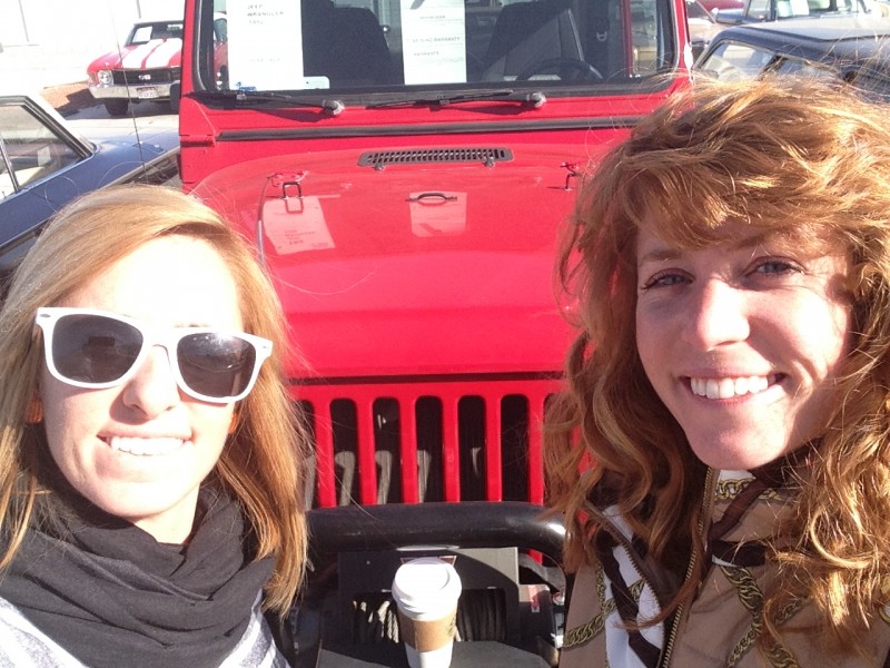 Brittany and Ashley with red Jeep
