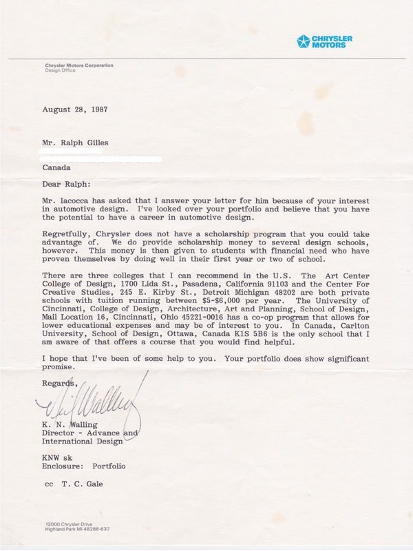The letter Neil Walling sent to a young Ralph Gilles.