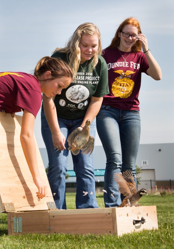 Dundee High School juniors Olivia Ott, left, Shelby Musial, center, and Hannah Lloyd, right, release a box of quail that students raised as part of a four-year project to repopulate southern Michigan with Bobwhite Quail at FCA US Dundee Engine Plant on Oct. 5, 2016.