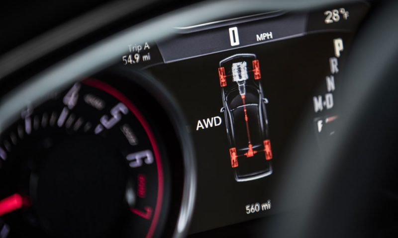 The display in the gauge cluster of the 2017 Dodge Challenger GT shows the percentage of engine torque being sent to each wheel.