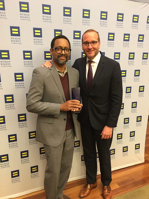 Bret Scot, Chair of the Gay and Lesbian Alliance at FCA US (l) accepts a Corporate Equality Index Award from Chad Griffin, President of Human Rights Campaign, at a recognition event in New York City on April 17.