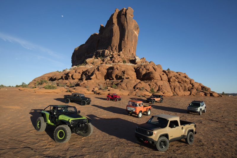 2016 Moab Easter Jeep® Safari concepts (from left to right): Jeep® Trailcat Concept, Jeep® Crew Chief 715 Concept, Jeep® Shortcut Concept, Jeep® FC 150 Heritage Vehicle, Jeep® Trailstorm Concept, Jeep® Comanche Concept, Jeep® Renegade Commander Concept.